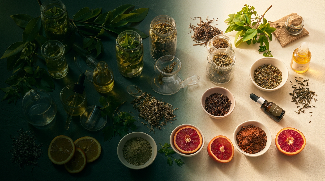 Botanical cosmetic ingredients flat-lay